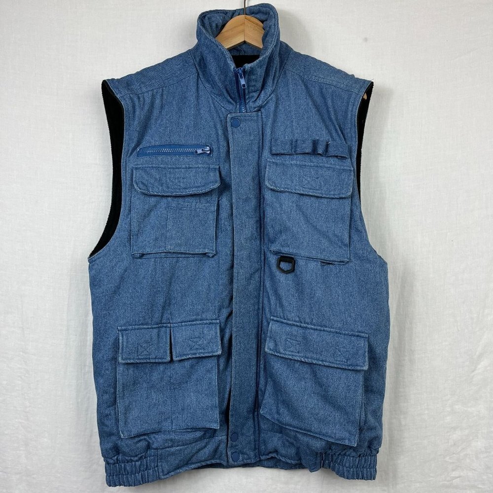 Vintage Stag Hill Denim Fleece Lined Utility Vest Men M Oversized Baggy Full Zip